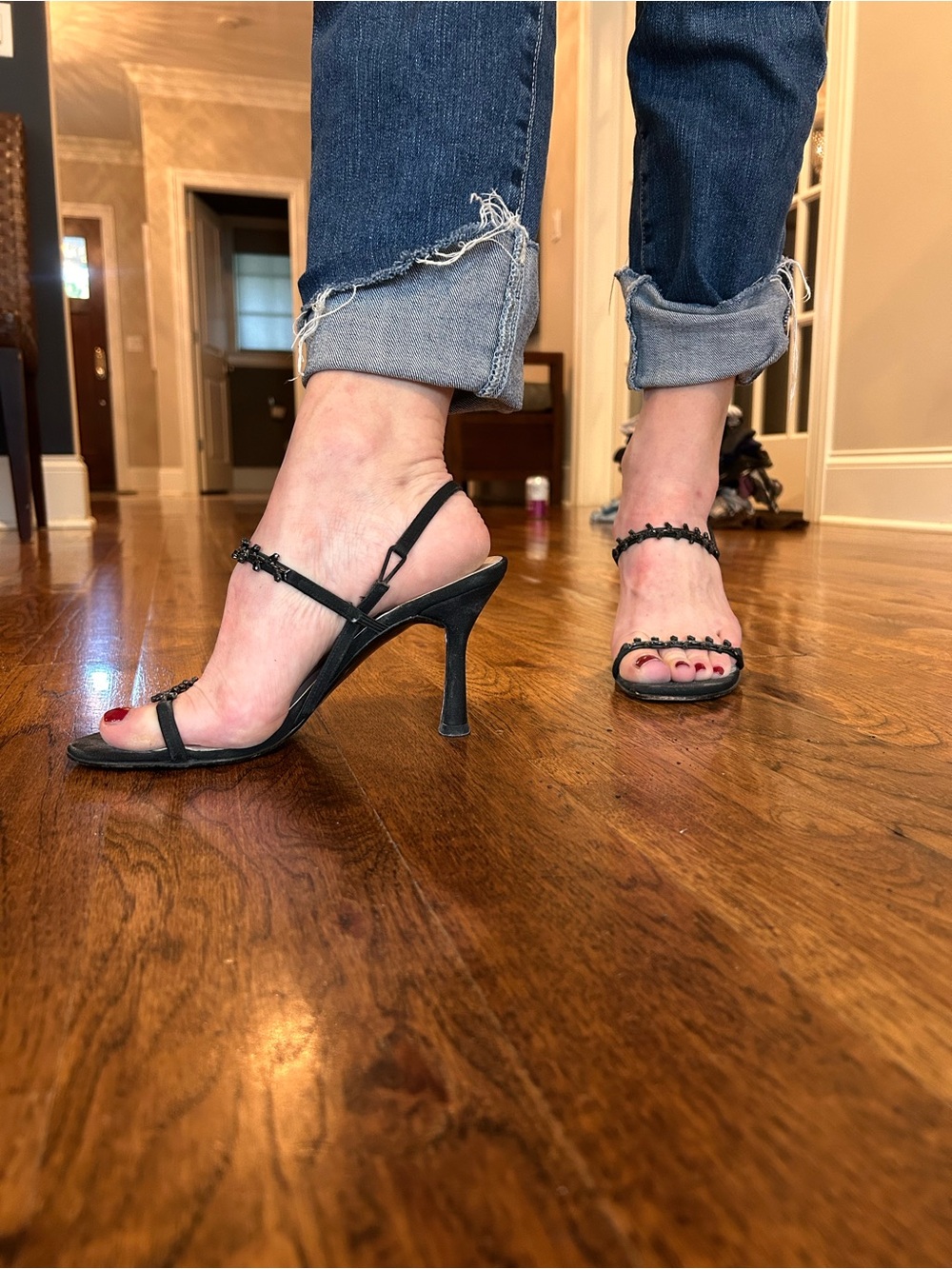Stuart Weitzman Black Beaded Slingback Stiletto Heels
